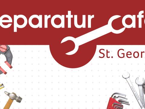 Logo ReparaturCafé St. Georgen mit weißer Schrift und rotem Hintergrund. Viele Werkzeuge auf einem gepunkteten Hintergrund