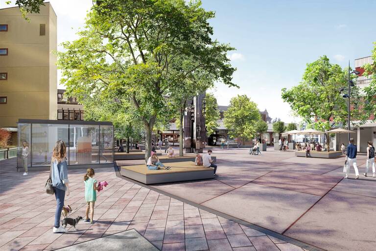 Visualisierung neuer Marktplatz mit rotem Steine und vielen Bäumen mit Sitzgelegenheit