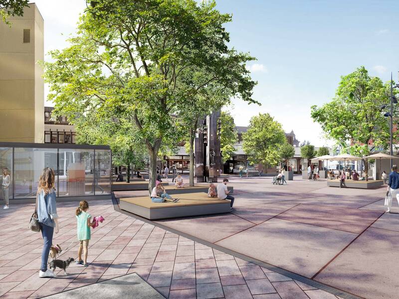 Visualisierung neuer Marktplatz mit rotem Steine und vielen Bäumen mit Sitzgelegenheit